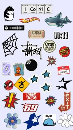 various stickers and decals on a white background