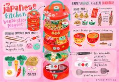 an illustration of japanese kitchen related items on a pink background with words written below it