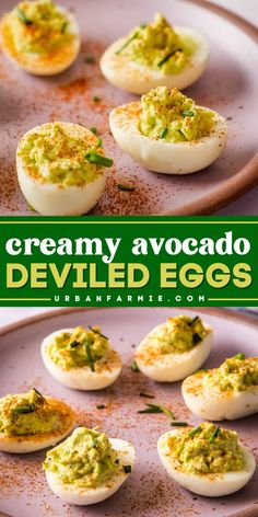 Upgrade your appetizers with Creamy Avocado Deviled Eggs! These healthy and creamy, flavorful bites are packed healthy fats from the avocado, making them perfect for New Year’s Eve food ideas or the best holiday appetizers! Avocado Deviled Eggs Recipe Best, Recipes Using Ripe Avocados, Egg Salad Appetizers, Whole Food Appetizers, Recipes With Avocados, Avacado Snacks, Deviled Eggs Christmas, Avacodo Recipe Idea Healthy, Deviled Eggs Avocado