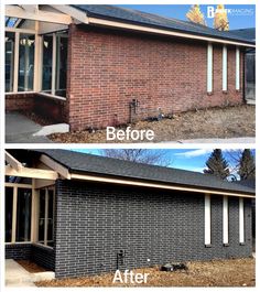 before and after photos of a brick house