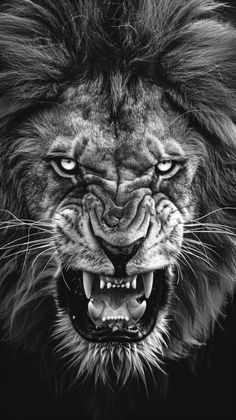 a black and white photo of a lion's face with it's mouth open