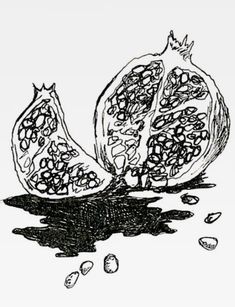 a black and white drawing of a pomegranate with seeds on the ground