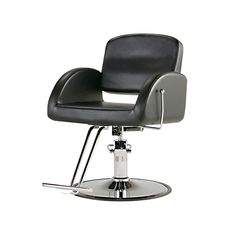 a black and white chair sitting on top of a metal base with chrome trimming