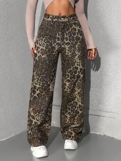 Women's Front Button Leopard Print Denim Jeans, Casual Everyday Wear Multicolor Casual   Denim Leopard Print,Plain,Textured Pattern Straight Leg Non-Stretch  Women Clothing, size features are:Bust: ,Length: ,Sleeve Length: Printed Denim Jeans, Casual Denim Jeans, Leopard Print Jeans, Print Denim, Jeans Casual, Printed Jeans, Girls Denim, Printed Denim, Women Denim Jeans