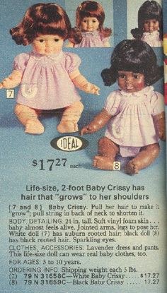 an advertisement for baby crisssy dolls from the 1970's, with instructions on how to use them