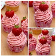 cupcakes with pink frosting and fresh strawberries on top are shown here