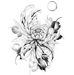 a black and white drawing of a large flower with leaves on it's petals