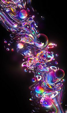 an abstract photo with bubbles and water droplets on black background, in the shape of a wave