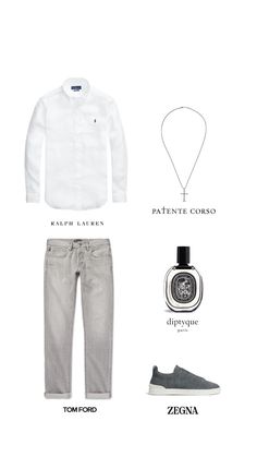 This outfit is perfect for those seeking a smart casual look with a touch of elegance. The Ralph Lauren white button-down shirt serves as a crisp and polished top, while the Tom Ford grey jeans provide a modern contrast with their sleek design. The Patente Corso silver necklace adds a subtle yet sophisticated accessory that complements the clean lines of the shirt. For shoes, the Zegna grey sneakers offer a stylish and comfortable option, ideal for all-day wear. Finish off the look with a spray of Diptyque perfume, providing a refined and lasting fragrance that completes the ensemble. Zegna Store, Ermenegildo Zegna Suit, Zegna Triple Stitch, Ermenegildo Zegna Men, Business Formal, Lauren White, White Button Down Shirt, Grey Sneakers, Grey Jeans