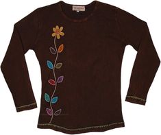 Brown Cotton Patchwork Tops, Cotton Long Sleeve Top With Appliques, Fitted Cotton Long Sleeve Top, Casual Tops With Multicolor Embroidery And Patchwork, Brown Cotton Top With Floral Embroidery, Brown Floral Embroidered Long Sleeve Top, Brown Long Sleeve Top With Floral Embroidery, Fall Cotton Tops With Floral Embroidery, Floral Embroidered Cotton Tops For Fall