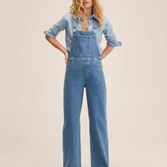 New With Tags! Wide Leg Pant. Size Xxl. Workwear Medium Wash Overall Bottoms, Workwear Medium Wash Overalls, Medium Wash Denim Overalls, Blue Denim Overall Pants, Medium Wash Overall Pants With Pockets, Blue Relaxed Fit Straight Leg Overalls, Blue Denim Wide Leg Overalls, Mango Jumpsuit, Olive Green Suit