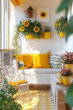 the sun shines brightly in this sunny room with white furniture and yellow flowers on the wall