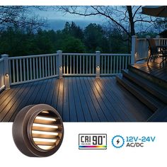 an outdoor deck with lights on it and the words cripo lighting above it