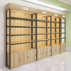 a row of wooden shelves with numbers on each shelf in an empty room that is painted green and white