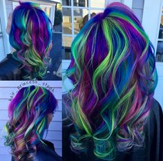 Teal And Rainbow Hair, Vivid Hair Color Ideas For Fall, Medium Hair Color Ideas Unique, Blue Green Black Hair, Rainbow Color Hair Ideas, Rain Bow Hair, Unique Vivid Hair, Purple Hair Green Highlights, Purple And Lime Green Hair