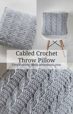 the cabled crochet throw pillow is shown in three different sizes and colors