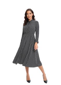 This modest dress is perfect for any modern occasion. Crafted from a soft poly fabric, it is fully lined for a comfortable fit, with the exception of the sleeves. With a length of 49.5 inches from the highest point of the shoulder, this dress is a great addition to your wardrobe. Shop now for a sophisticated dress with a modern print! Hand wash, Line dry, Cool iron, Do not bleach, Do not tumble dry. Please refer to our body measurements guide for your best fit. Model is 5'7" tall and wearing a s Modest Long Sleeve Dress For Fall, Chic Long Sleeve Fit And Flare Midi Dress, Modest Long Sleeve Maxi Dress For Work, Modest Black A-line Dress, Modest Fitted Maxi Dress For Work, Fitted Modest Maxi Dress For Work, Modest Fitted A-line Long Sleeve Dress, Modest Fitted Midi-length Maxi Dress, Modest Long Sleeve Flowy Midi Dress