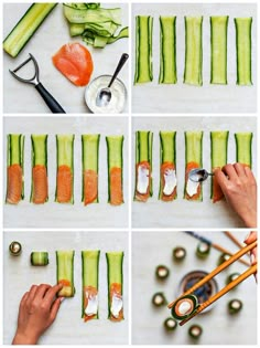 the process of making sushi rolls with cucumber and salmon