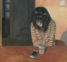 a painting of a woman sitting at a table looking at her cell phone and holding a cup