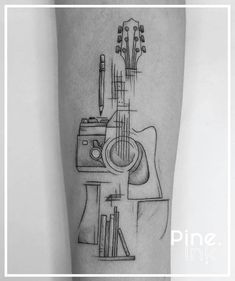 a black and white photo of a guitar on the leg