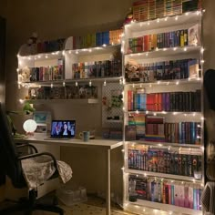 a computer desk sitting in front of a bookshelf filled with lots of books