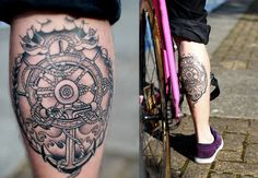 two pictures side by side one with a bike and the other with tattoos on it