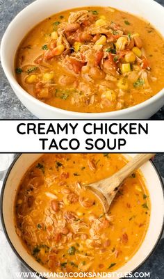 creamy chicken taco soup in a white bowl with a wooden spoon on the side