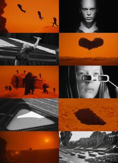 multiple images of people in the desert with oranges and black colors, including an image of