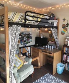 a bedroom with bunk beds, desk and chair in it's corner is featured on instagram