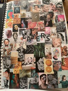 a spiral notebook covered in many different pictures and words that spell out the word layers