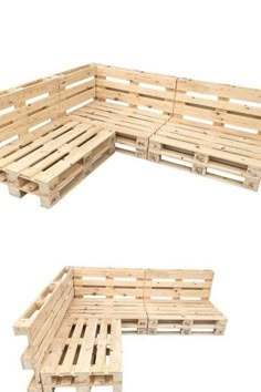 two different views of a wooden bench made out of wood pallets, one with four seats and the other without