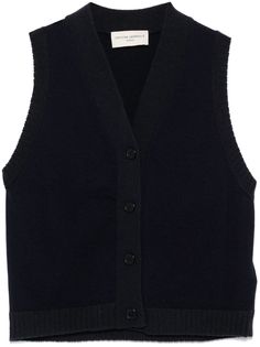 navy blue merino wool knitted construction front button fastening V-neck sleeveless ribbed trim ribbed hem Officine Generale, Outerwear Vest, Outerwear Women, Dark Navy, Knit Cardigan, Sweater Outfits, Merino Wool, Sweaters For Women, Navy Blue