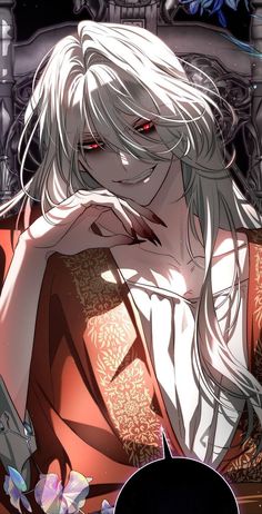 an anime character with long white hair and red eyes sitting in front of a table