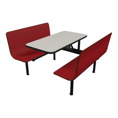 a table with two benches next to each other on a white surface and red seats