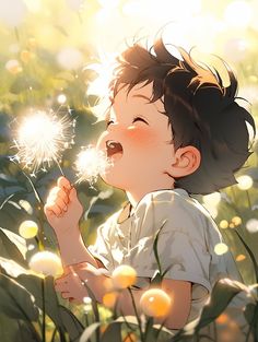 a little boy that is standing in the grass with a dandelion behind him