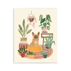 a painting of a dog sitting in front of potted plants