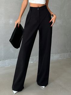 Pantalon droit à taille haute de couleur unie pour femmes Noir Casual   Tissu tissé Unicolore Coupe droite Pas de l'extensibilité  Women Clothing, size features are:Bust: ,Length: ,Sleeve Length: Pants Inspiration, Outfit Informal, Black High Waisted Pants, Sheer Black Tights, Sports Jackets Women, Outfit Zara, Silk Stockings, Hooded Tee, Flare Leg Pants