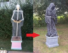 two pictures side by side one with a statue and the other with a fake human figure