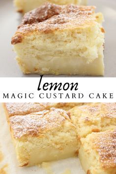 lemon magic custard cake with powdered sugar on top and the words,'magic custard cake'above it