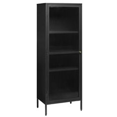 a tall black bookcase with three shelves