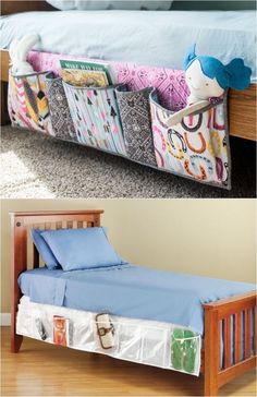 two pictures of a child's bed with blue sheets, and the bottom one has a toy in it