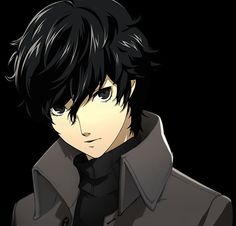 an anime character with black hair wearing a gray coat and black shirt, looking at the camera