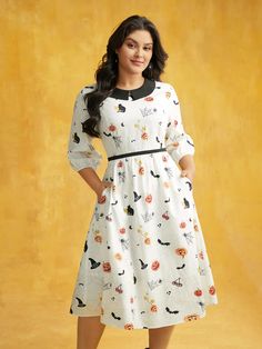 Pumpkin Patch Retro Collared Midi Dress – BloomChic Beige Style, Sleeve Pattern, Dresses Women, Halloween Prints, Winter Colors, Lantern Sleeves, Sleeves Pattern, Trendy Dresses, Pumpkin Patch