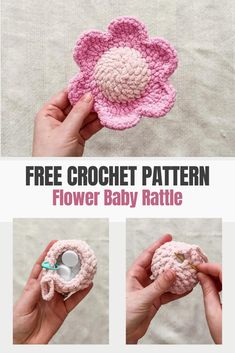 the crochet flower baby rattle is shown with instructions to make it in pink and white