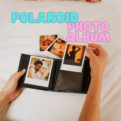 a person is holding an album with photos on it and the text polaroid photo album