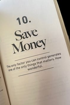 an open book with the title 10 save money written in black and white on it