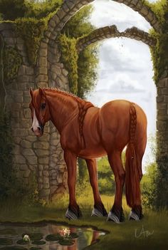 a painting of a brown horse standing in front of a stone arch and water hole