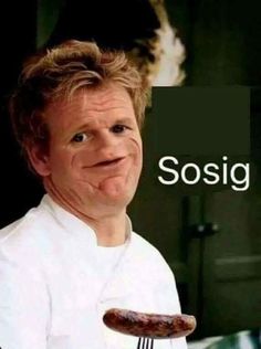 a man holding a fork and knife in front of his face with the words sosig on it