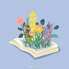 an open book with flowers and leaves on it's cover, against a blue background