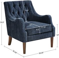 a blue chair with measurements for the seat and back